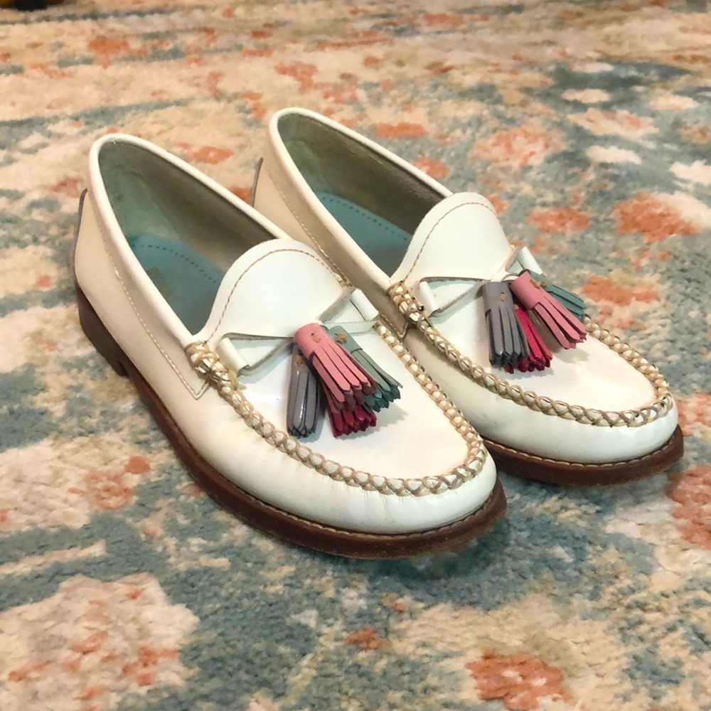 Bass Weejuns Willow White Leather Pastel Tasseled Penny Loafers